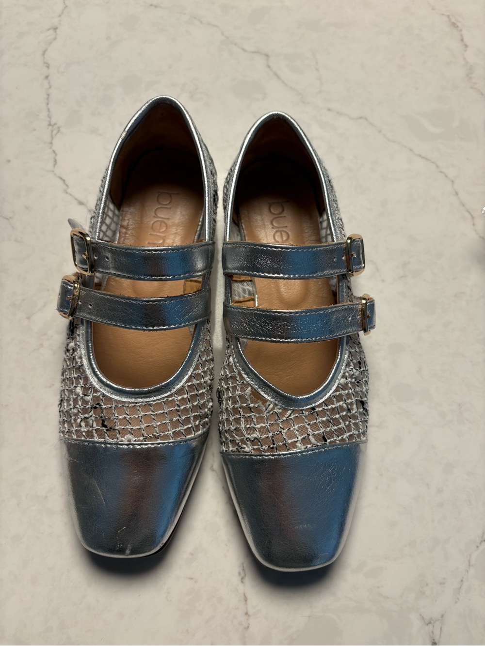 Bueno Metallic Silver Double-Strap Mary Jane Flats 37